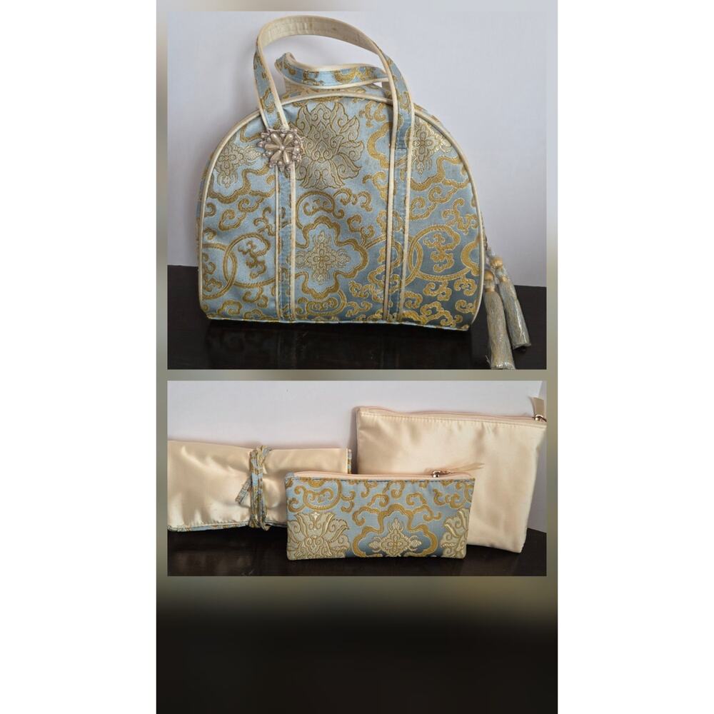 4 Piece Chinoiserie Zip Travel Cosmetic Tote Bag Set Blue Gold Satin